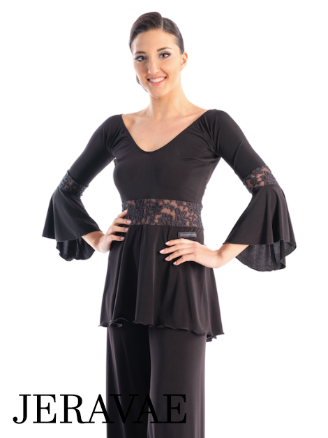 Victoria Blitz Reggio Ballroom or Latin Black Practice V-Neck Top with 3/4 Bell Sleeves, Flared Bottom, and Lace Patterned Bands PRA 747 in Stock