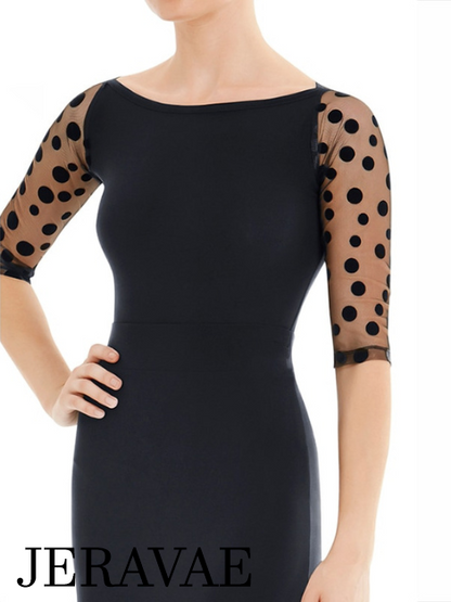 Ballroom or Latin Practice Top with Polka Dot Mesh Half Length Sleeves and Boat Neck