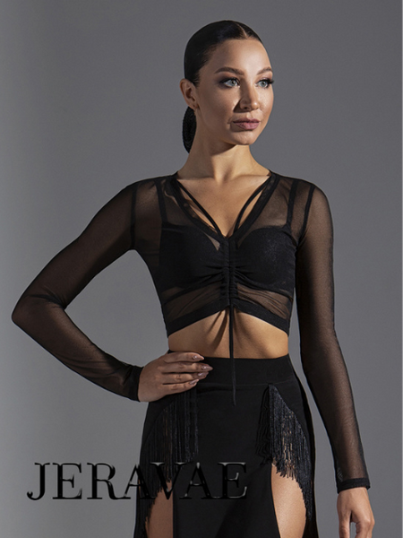 Black Mesh Practice Top with Long Sleeves and Option to Gather (Bra Not Included) Pra584