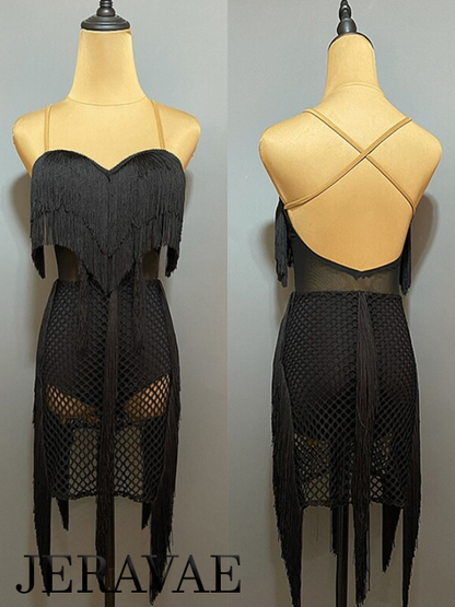 Sleeveless Black Mesh, Fishnet, and Fringe Latin Practice Dress with Attached Bodysuit and Open Back PRA 887 in Stock