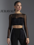 Long Sleeve Latin or Ballroom Mesh Practice Crop Top with Fringe Accent on Front Pra580_in