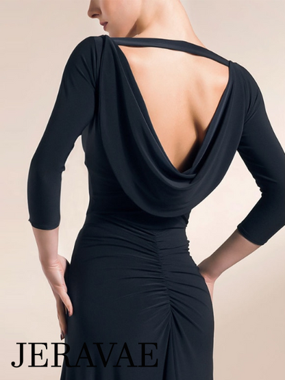3/4 Sleeves Black Latin or Ballroom Practice Top with Open Cowl Back and Sleek Front PRA 336