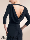 3/4 Sleeves Black Latin or Ballroom Practice Top with Open Cowl Back and Sleek Front Pra336