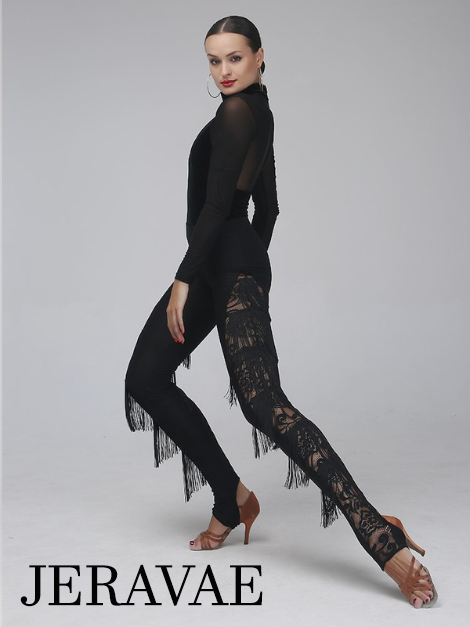 Long Black Latin or Rhythm Lace Practice or Competition Pants with Fringe Accents Sizes S-XL PRA 151 in Stock