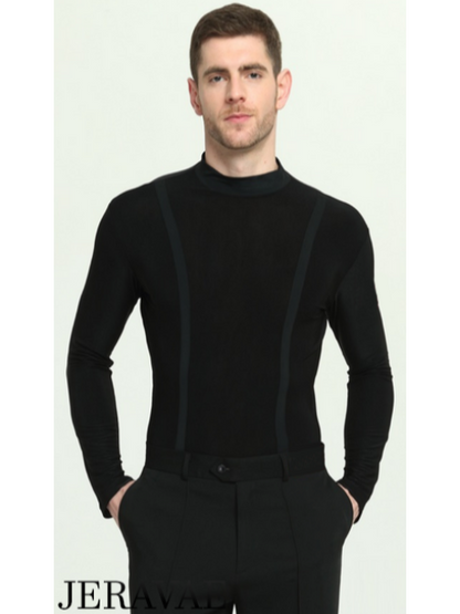 Men's Black Long Sleeve Latin or Rhythm Tuck Out Style Shirt with Mock Turtle Neck M056 in Stock