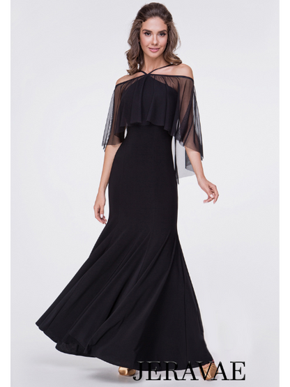 Long Black Ballroom or Smooth Practice Dress with Mesh Ruffle and Cold Shoulder Detail PRA 369