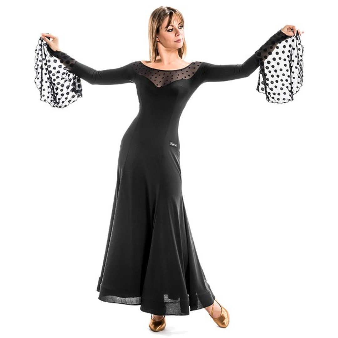 Victoria Blitz Elvi Black Ballroom Practice Dress with Velvet Polka Dots on Flowy Net Sleeves and Illusion Neckline PRA 893 in Stock