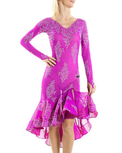 Victoria Blitz Kim Long Sleeve Latin Practice Dress with Shimmer Floral Pattern, V-Neck, and Ruffle Skirt PRA 892 in Stock