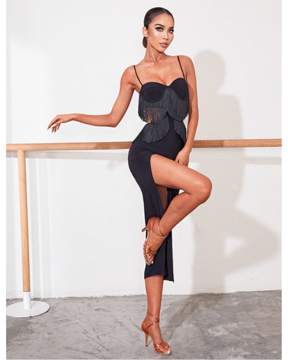 ZYM Dance Style Marvelous Fringe Black Latin Dress with Cutouts and High Slit in Skirt PRA 859 In Stock