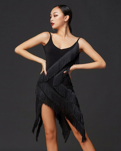Sleeveless Black Fringe Latin Practice Dress with Open Back and Sliced Skirt PRA 768 in Stock