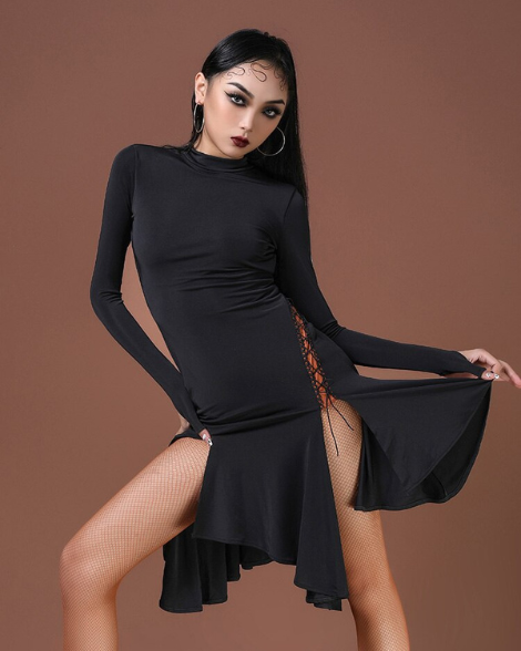 Long Sleeve Black Latin Practice Dress with Nude Cutouts, Cross Straps, Soft Skirt with Slits, and Back Opening PRA 766_sale