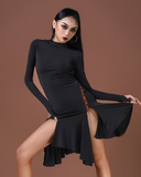 Long Sleeve Black Latin Practice Dress with Nude Cutouts and Cross Straps. Features Soft Skirt with Slits and Pretty Back Opening Pra766 In Stock