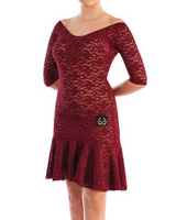 Victoria Blitz Burgundy Lace Latin Dress with V-Neckline, 3/4 Sleeves, and Low Cut Back Pra750 in Stock