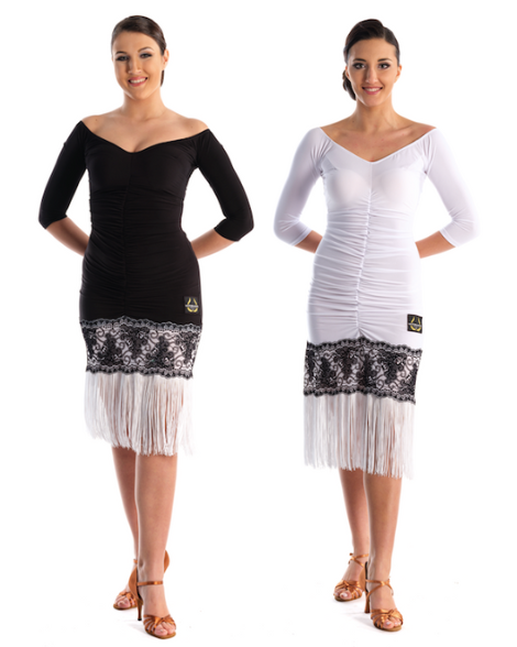 Victoria Blitz Prue Black or White Ruched Latin Dress with Wide Neckline, 3/4 Sleeves, Flock Pattern, and Fringe Hemline PRA 741 in Stock