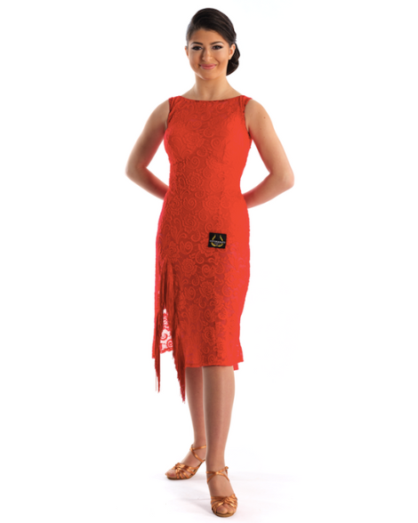 Victoria Blitz Nicol Red Sheer Stretch Lace Latin Practice Dress with Asymmetrical Skirt and Bodysuit Top PRA 736 in Stock