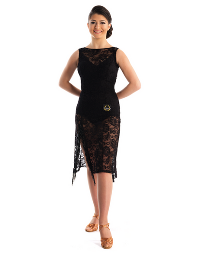Victoria Blitz Nicol Black Sheer Stretch Lace Latin Practice Dress with Asymmetrical Skirt and Bodysuit Top PRA 735 in Stock