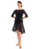 Victoria Blitz Naomi Sheer Black Latin Practice Dress with Boat Neck, 3/4 Length Mesh Sleeves, and Gathered Detail in Front of Skirt Pra733 in Stock