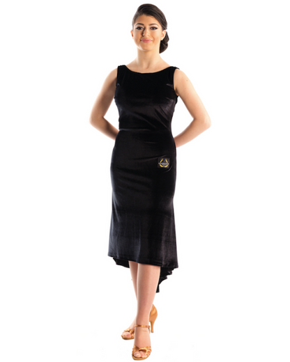 Victoria Blitz Clexa Black Velvet Latin Practice Dress with Boat Neck, Large Keyhole Back, and Asymmetrical Hem PRA 721 in Stock