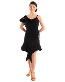 Victoria Blitz Siracusa Black Latin Practice Dress with Frill on One Shoulder, Unique Asymmetrical Skirt, and Open Back Pra723 in Stock
