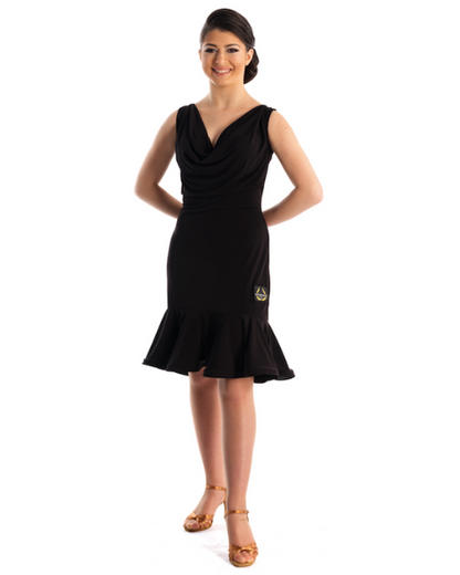 Victoria Blitz Cefalu Sleeveless Black Latin Practice Dress with Draping Design at V-Neckline and Flared Skirt PRA 720 in Stock