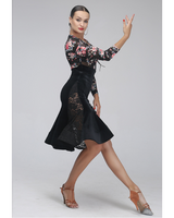 Floral or Tiger Print Latin Practice Dress with High Waist and Transparent Top with Long Sleeves and Lace-up Neckline Pra410