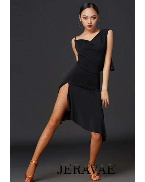 Sleeveless Black Latin Practice Dress with Straps and Loose Skirt with Slit PRA 763 in Stock