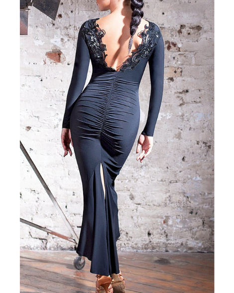 Sexy Tango Dress with Rouching, Sequin Lace Detail on Back, Long Sleeves, and Slit Skirt Sizes S-4XL PRA 266 in Stock
