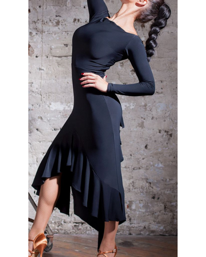 Asymmetrical Ankle Length Black Latin Dress with Long Sleeves and Ruffle Sash on Skirt Back PRA 099 in Stock