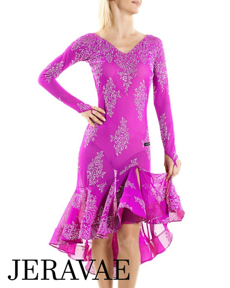 Victoria Blitz Kim Long Sleeve Latin Practice Dress with Shimmer Floral Pattern, V-Neck, and Ruffle Skirt PRA 892 in Stock
