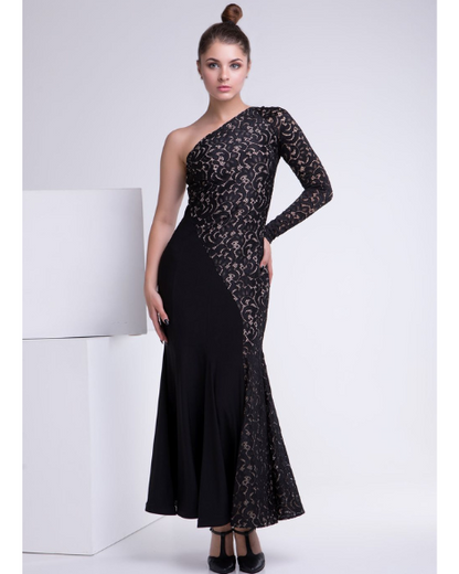 Long Black Ballroom Practice Dress with Asymmetrical Neckline, Single Sleeve, and Beautiful Stretch Lace PRA 834