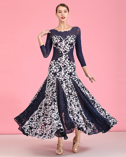 Navy Blue and White Floral Long Ballroom Practice Dress with Long Sleeves and Mesh Inserts PRA 755_sale