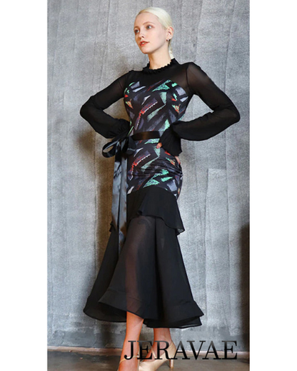 Long Ballroom Practice Dress with Satin Belt, Long Sleeves, Geometric Colorful Print, and Flutter at Top of Skirt PRA 770_sale
