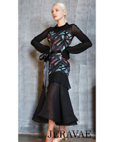Long Ballroom Practice Dress with Satin Belt, Long Sleeves, Geometric Colorful Print, and Flutter at Top of Skirt Pra770 In Stock