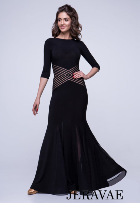 Dance Model wearing black ballroom dress with sleeves just past elbows, diagonal cross detail on waist, mesh gussets at end of dress, and high neckline