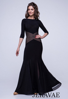 Black Ballroom Practice Dress with 3/4 Length Sleeves, Zig Zag Detail on Waist, and Mesh Gussets Pra811