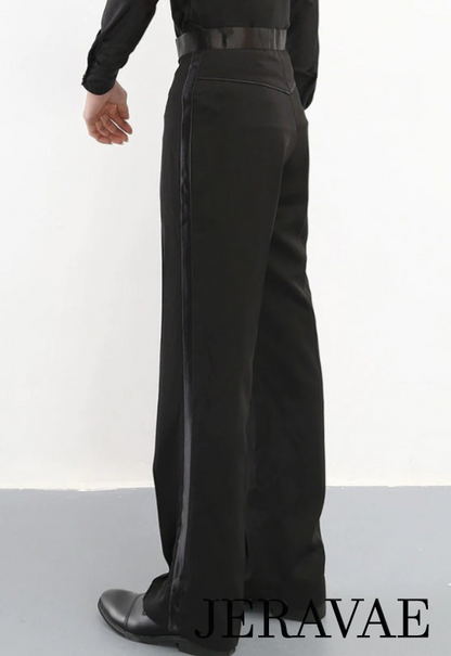 Men's Black Latin or Ballroom Dance Pants with Satin Stripe and Satin Waistband Available in Sizes XXS-5XL MP7 in Stock