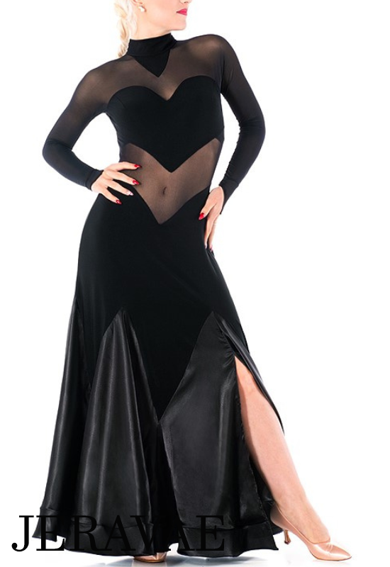 Victoria Blitz Nuvola High Neck Black Ballroom Practice Dress with Mesh Inserts, Double Keyhole Back, and Godets on Satin Skirt PRA 897 In Stock