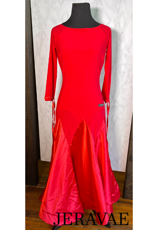 Victoria Blitz Vich Standard Ballroom Practice Dress with Ribbon Floats on Long Sleeves, V-Cut Back, and Satin Skirt in Sizes XS-3XL PRA 899 in Stock