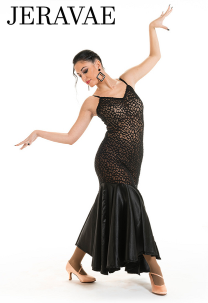 Victoria Blitz Transparent Stretch Lace Black Ballroom Practice Dress with V-Neckline and Satin Skirt PRA 901 in Stock
