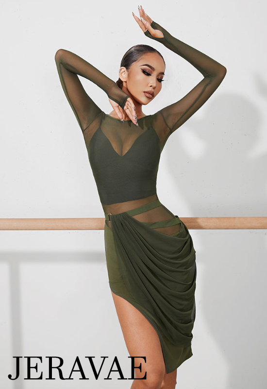 ZYM Dance Style Latin Practice Dress with Mesh Top, High Slit, and Belt Sash Accessory PRA 917 in Stock