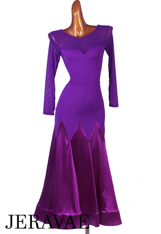 Two Piece Purple Ballroom Practice Skirt with Long Sleeve Bodysuit with Mesh Panels and Long Skirt with Satin Gussets PRA 903 in Stock