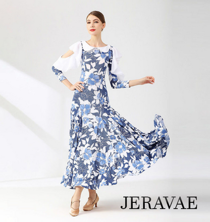 Blue and White Floral Ballroom Practice Dress with Peasant Collar, 3/4 Length Sleeves with Cold Shoulder Cutouts and Ruffle Details, and Closed Back PRA 793 in Stock