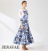 Blue and White Floral Ballroom Practice Dress with Peasant Collar, 3/4 Length Sleeves with Cold Shoulder Cutouts and Ruffle Details, and Closed Back Pra793 In Stock