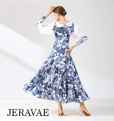 Women's ballroom dress with floral pattern in blue and white