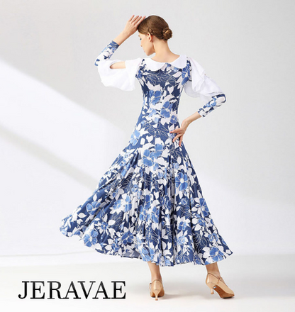 Blue and White Floral Ballroom Practice Dress with Peasant Collar, 3/4 Length Sleeves with Cold Shoulder Cutouts and Ruffle Details, and Closed Back PRA 793 in Stock