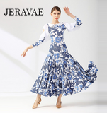 Blue and White Floral Ballroom Practice Dress with Peasant Collar, 3/4 Length Sleeves with Cold Shoulder Cutouts and Ruffle Details, and Closed Back Pra793 In Stock