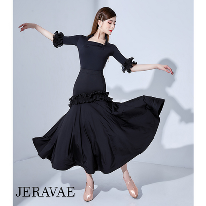 Long Black Ballroom Practice Skirt with Ruffle Detail and Wrapped Horsehair Hem PRA 796 in Stock