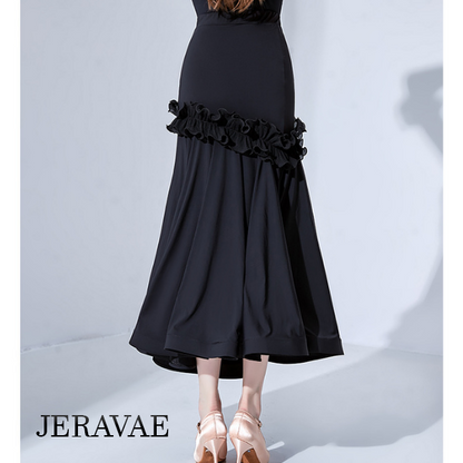 Long Black Ballroom Practice Skirt with Ruffle Detail and Wrapped Horsehair Hem PRA 796 in Stock