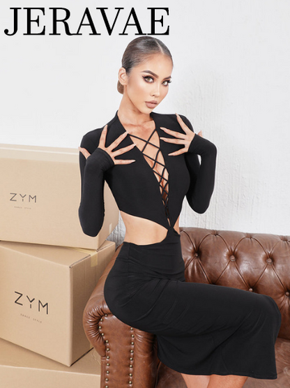ZYM Dance Style Miss Muse Dress #2196 Black Latin Practice Dress with Deep Cross Stripe V-Neckline and Waist Cutouts PRA 778 in Stock