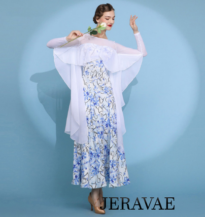 White and Blue Floral Long Sleeve Ballroom Practice Dress with Illusion Neckline and White Chiffon Ruffle Capelet Style Attached Floats PRA 788_sale